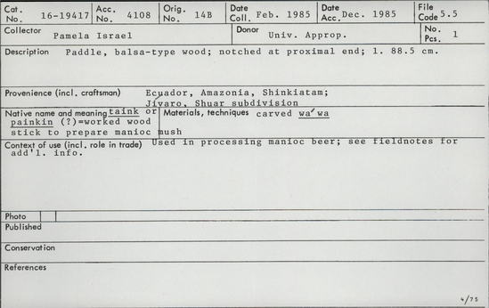 Documentation associated with Hearst Museum object titled Paddle, accession number 16-19417, described as paddle for processing manioc beer