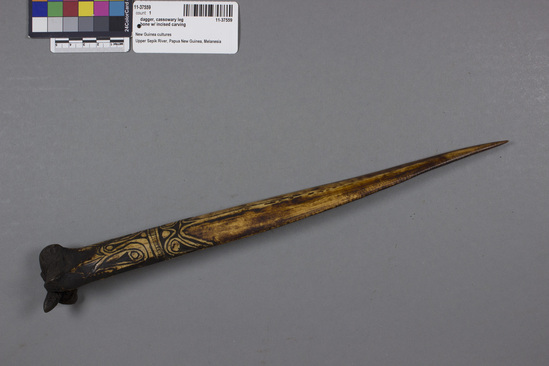 Hearst Museum object titled Dagger, accession number 11-37559, described as Dagger, cassowary leg bone with designs carved in relief.