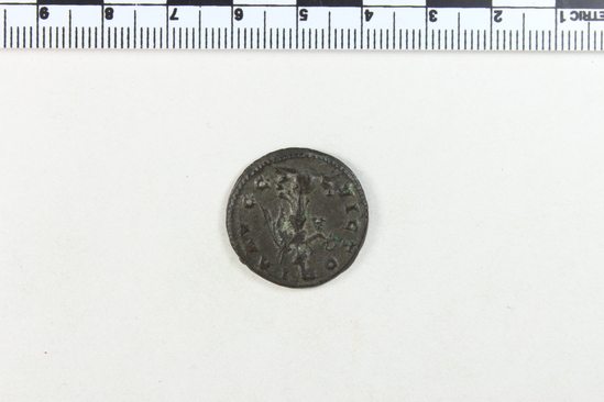 Hearst Museum object 10 of 10 titled Coin: billon antoninianus, accession number 8-4388, described as Coin; Billon; Antoninianus; Roman. 4.76 grams, 23 mm. Carus, 282-285 AD. Lyon, France. Obverse: IMP C M AVR CARVS AVG, bust r. radiate, cuirassed. Reverse: VICTORIA AVGG, Victory l. on globe between two captives; to l., A.