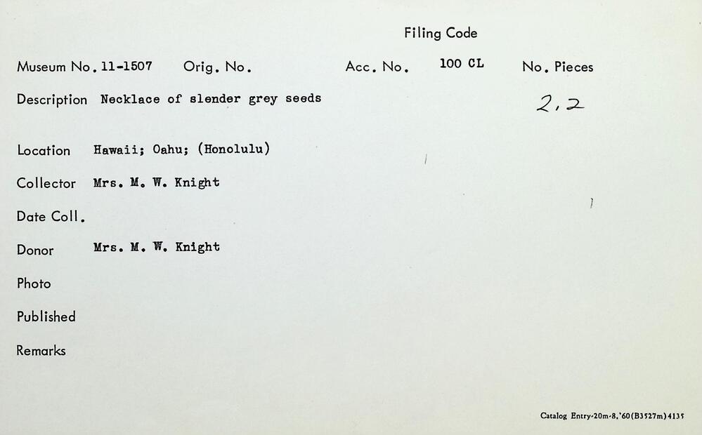 Hearst Museum object 2 of 2 titled Necklace, accession number 11-1507, described as Made of slender gray seeds.