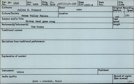 Documentation associated with Hearst Museum object titled Audio recording, accession number 24-2898, described as Bishop Hand Game Song