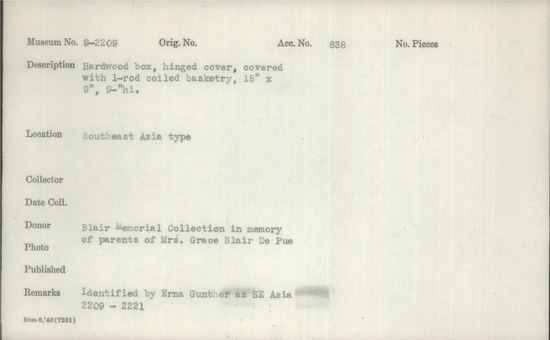 Documentation associated with Hearst Museum object titled Box, accession number 9-2209, described as Hardwood box, hinged cover, covered with i-rod coiled basketry.