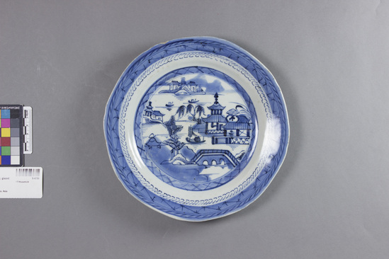Hearst Museum object titled Plate, accession number 9-4786, described as Porcelain, Canton Ware: 8 3/4” platter; cracked and cleet mended by “crack sewing”.
