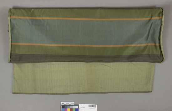 Hearst Museum object titled Textile sample, accession number 2-62248, described as Strip; cotton, satin weave, warp striped, greens, blue and orange, 51 inches x 28 inches