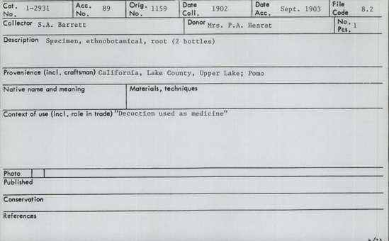 Documentation associated with Hearst Museum object titled Root, accession number 1-2931, described as Specimen, ethnobotanical, root ( 2 bottles)