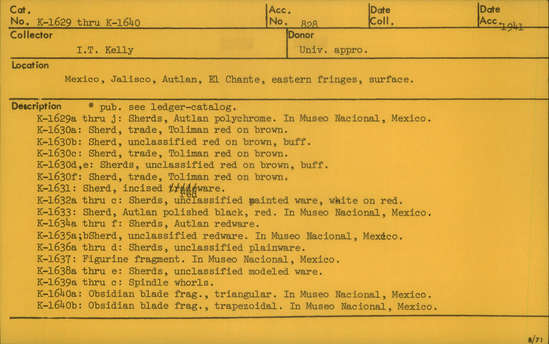 Documentation associated with Hearst Museum object titled Stone, accession number K-1633, described as Sherd: Autlan polished black, red.