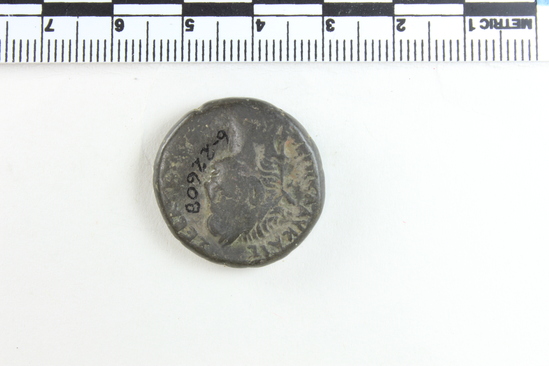 Hearst Museum object titled Coin: billon tetradrachm, accession number 6-22608, described as Reverse; Roma seated left. [PW MH] Right below [LE]