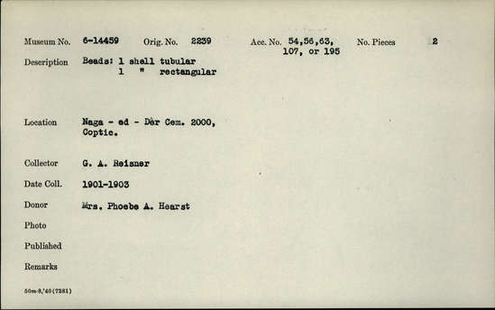 Documentation associated with Hearst Museum object titled Beads, accession number 6-14459, described as Beads: 1 shell tubular, 1 shell rectangular