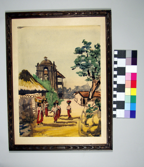 Hearst Museum object titled Watercolor painting, accession number 17-305, described as Framed watercolor signed M. Naves, “ATitlan; Guatemala”. 12” x 16”