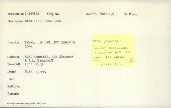 Documentation associated with Hearst Museum object titled Bead, accession number 1-155476, described as Clam shell disc.