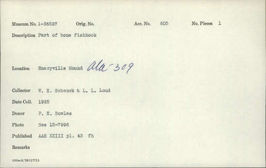 Documentation associated with Hearst Museum object titled Fishhook, accession number 1-26527, described as part of bone fishhook