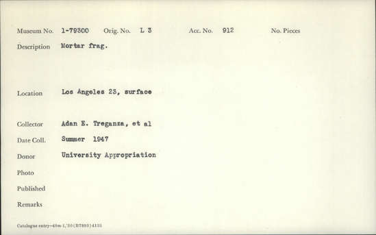 Documentation associated with Hearst Museum object titled Mortar fragment, accession number 1-79300, described as mortar fragment