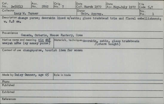 Documentation associated with Hearst Museum object titled Deer skin purse, accession number 2-56513, described as Change purse; deerskin lined with satin; glass trade bead trim and floral embellishment; width 8.8 cm. Tourist item for women.