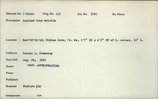 Documentation associated with Hearst Museum object titled Whistle, accession number 2-32565, described as Incised bone whistle.
