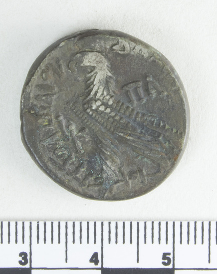 Hearst Museum object titled Coin: billon tetradrachm, accession number 6-22316, described as Coin, silver base. Diameter 23 mm. Weight 14.72 grams. Condition fair. Denomination: silver base tetradrachm. Obverse description: Head of Ptolemy I, facing right, diademed, aegis around neck.. Reverse description: [inscription] Eagle on thunderbolt. Mint date: Alexandria, year 20, reign of Ptolemy XI, Alexander I.