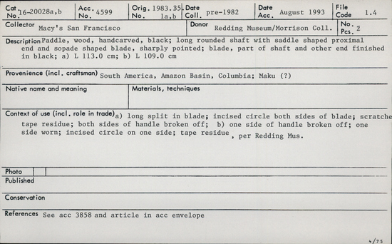 Documentation associated with Hearst Museum object titled Paddle, accession number 16-20028, no description available.