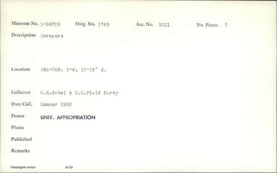 Documentation associated with Hearst Museum object titled Scrapers, accession number 1-96706, described as Scrapers.