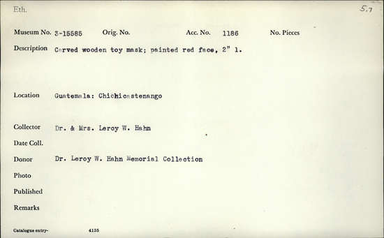 Documentation associated with Hearst Museum object titled Toy mask, accession number 3-15585, described as Carved wooden toy mask; painted red face