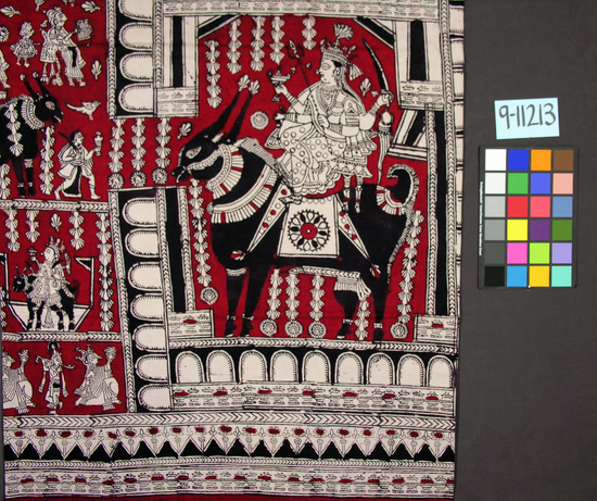 Hearst Museum object titled Wall hanging, accession number 9-11213, described as Wall hanging; cotton; block printed in dark red and black on white ground; shows Durga (Mother Goddess) worship; length 362 cm, width 158 cm.