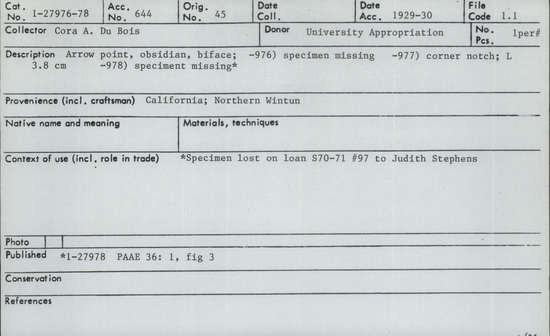 Documentation associated with Hearst Museum object titled Projectile point, accession number 1-27978, described as Made of obsidian, biface.