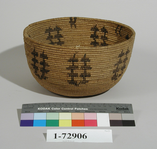 Hearst Museum object titled Basket, accession number 1-72906, described as Coiled; flaring.  Black and brown design.