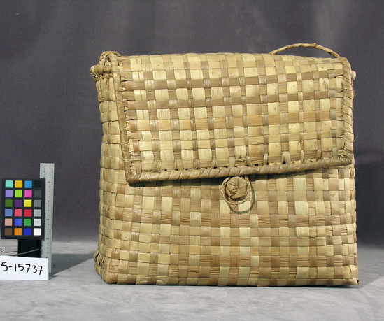 Hearst Museum object titled Basket, accession number 5-15737, described as Carrying basket, bamboo, plaited; square sides, with fold over flap and carrying handle; natural color; length X height circa 33.0 centimeters X width 14.5 centimeters.