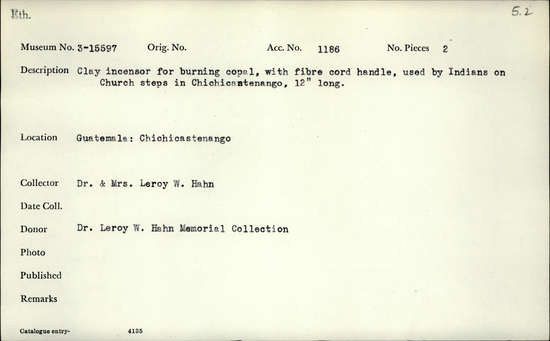 Documentation associated with Hearst Museum object titled Incensor, accession number 3-15597, described as Clay incensor for burning copal, with fibre cord handle, used on church steps in Chichicantenango, 12" long