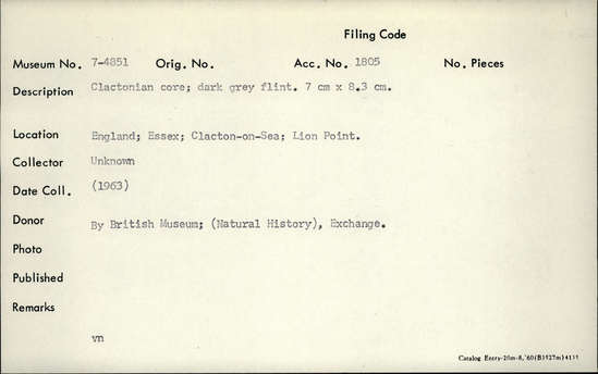 Documentation associated with Hearst Museum object titled Core flint, accession number 7-4851, described as Clactonian core; dark grey flint