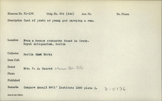 Documentation associated with Hearst Museum object titled Statuette (reproduction), accession number 21-136, described as Cast of youth or young god carrying a ram. From a bronze statuette found in Crete. Royal Antiquarium, Berlin.  Compare ANnali dell’ Instituo 1880 plate S.