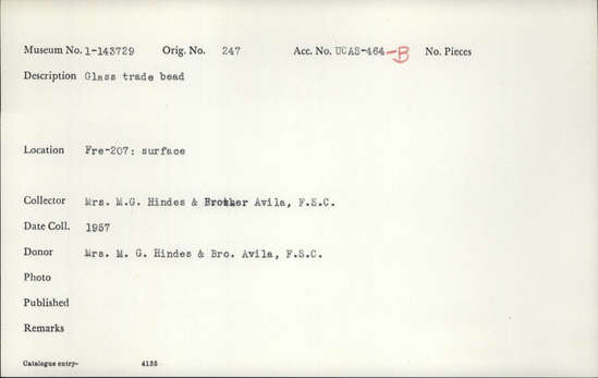 Documentation associated with Hearst Museum object titled Bead, accession number 1-143729, described as Glass trade bead.