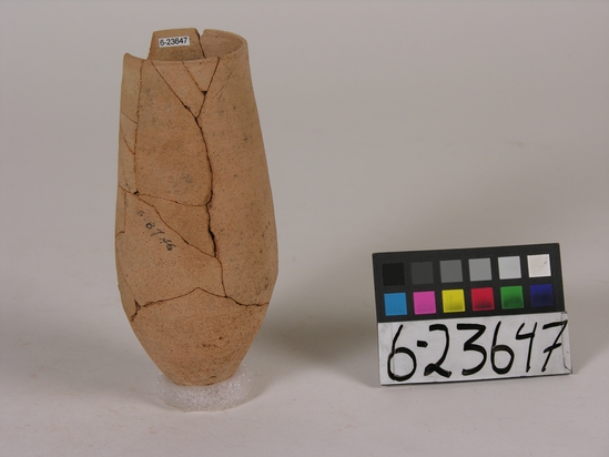 Hearst Museum object titled Beer cup, accession number 6-23647, described as Red beer cup, pointed bottom, broken, assembled.