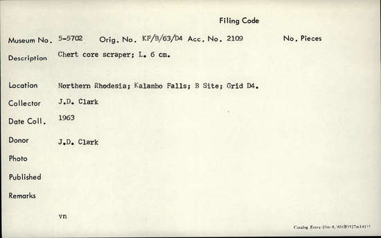 Documentation associated with Hearst Museum object titled Scraper, accession number 5-5702, described as chert core scraper; length 6 cm