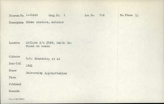 Documentation associated with Hearst Museum object titled Sinkers, accession number 1-60452, described as Stone, notched. Notice: Image restricted due to its potentially sensitive nature. Contact Museum to request access.