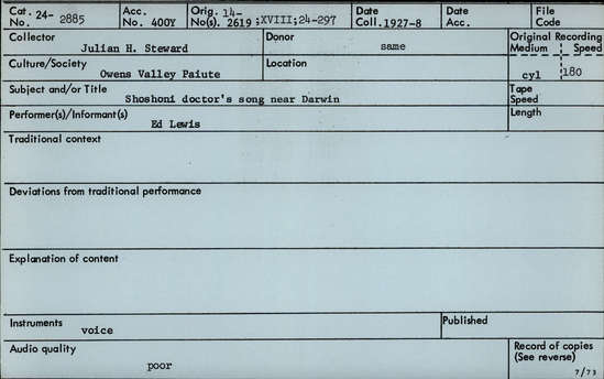 Documentation associated with Hearst Museum object titled Audio recording, accession number 24-2885, described as Shoshone doctor's song from near Darwin, performed by Ed Lewis