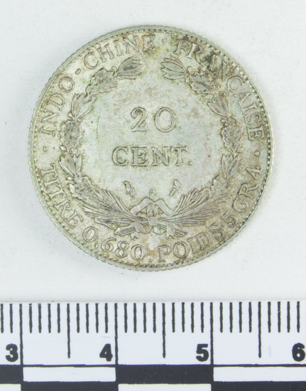 Hearst Museum object 3 of 4 titled Coin: 20 cent, accession number 9-6061, described as Coin; Ag; 20 cents. Obverse: seated Liberty. Reverse: wreath; 1923