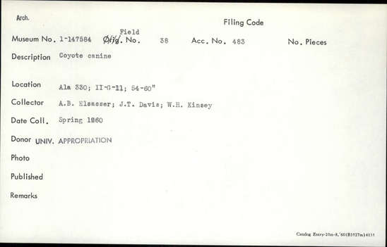 Documentation associated with Hearst Museum object titled Tooth, accession number 1-147584, described as Coyote canine.