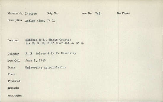 Documentation associated with Hearst Museum object titled Antler tine, accession number 1-54690, described as Antler tine.