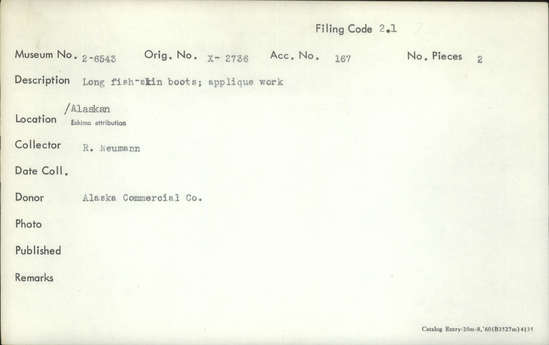 Documentation associated with Hearst Museum object titled Boots (footwear), accession number 2-6543a,b, described as Boots, fishskin; applique work.; long leg sewn in strips and trimmed with strip of contrasting skin and stitching; leather sole; damage and loss on front below knee; some repairs.
