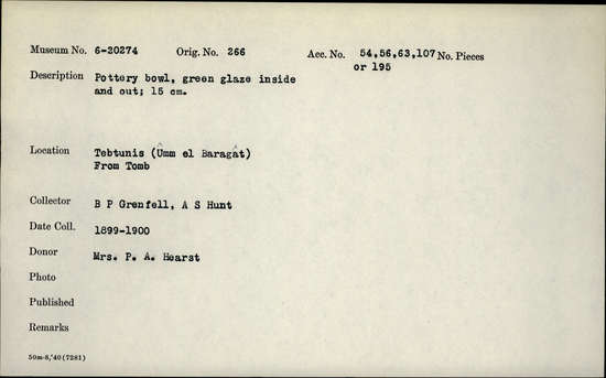 Documentation associated with Hearst Museum object titled Bowl, accession number 6-20274, described as Pottery bowl, green glaze inside and out; diameter 15 cm. Arabic.