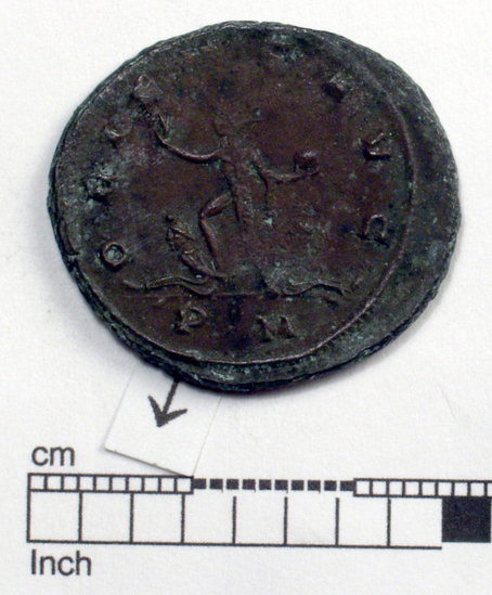 Hearst Museum object 7 of 8 titled Coin: billon antoninianus, accession number 8-4067, described as Coin; Billon; Antoninianus; Roman. 4.30 grams, 26 mm. Aurelian, 270-275 AD. Rome, Italy. Obverse: IMP C AVRELIANVS, Bust r. radiate. Reverse: ORIENS AVG, Sol l., between two captives, in exergue P M