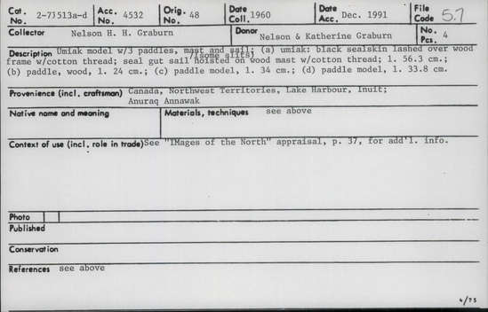 Documentation associated with Hearst Museum object titled Umiak model, accession number 2-71513a, no description available.