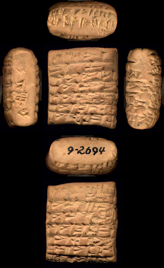 Hearst Museum object titled Cuneiform tablet, accession number 9-2694, described as III UR-Dynasty tablets