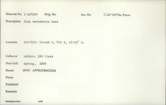 Documentation associated with Hearst Museum object titled Bead, accession number 1-157028, described as Fish vertebrate bead.