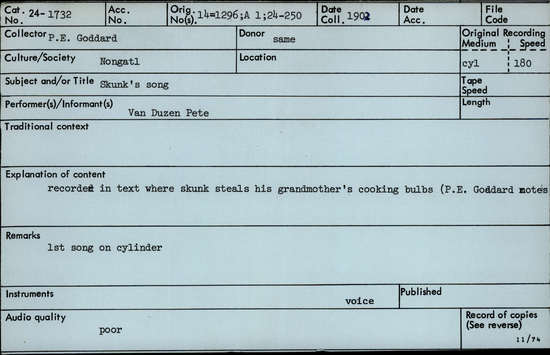 Documentation associated with Hearst Museum object titled Audio recording, accession number 24-1732, described as Skunk's Song