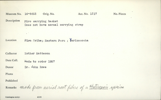 Documentation associated with Hearst Museum object titled Basket, accession number 16-8653, described as Carrying basket, twilled work