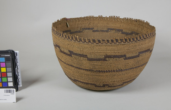 Hearst Museum object 3 of 3 titled Bowl basket, accession number 1-28430, described as Twined, bowl-shaped.  5 brown bands in various designs.