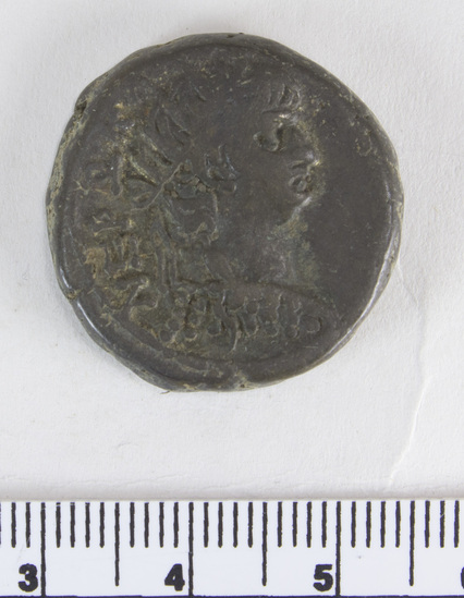 Hearst Museum object 3 of 6 titled Coin: billon tetradrachm, accession number 6-22607, described as obverse: head of Nero, left, radiate reverse: bust of Alexandria to right