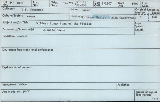 Documentation associated with Hearst Museum object titled Audio recording, accession number 24-1095, described as Wildcat Song, Song of the Pleides