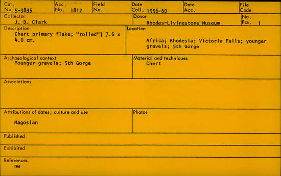 Documentation associated with Hearst Museum object titled Flake, accession number 5-3895, described as Chert primary flake; “rolled”