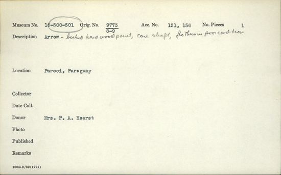 Documentation associated with Hearst Museum object titled Arrow, accession number 16-500, described as Arrow, barbed hardwood point, cane shaft, feathers in poor condition